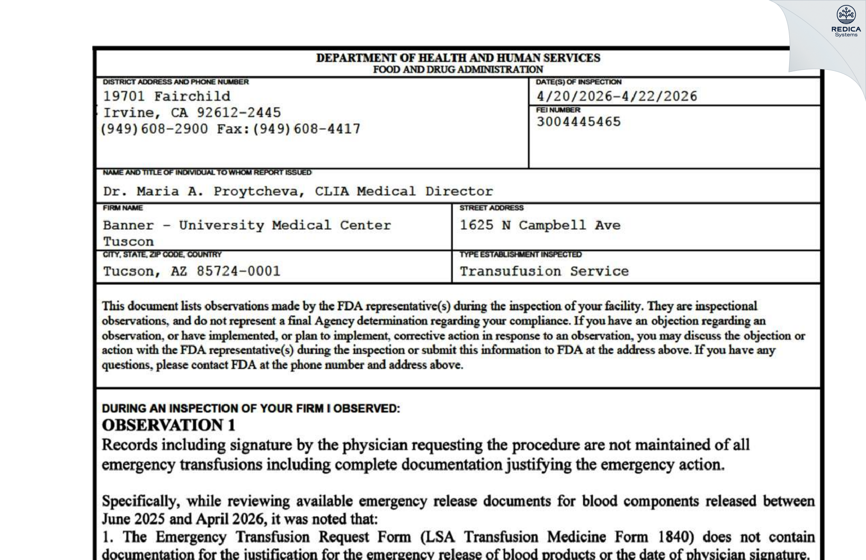 FDA 483 - Banner University Medical Center [Tucson / United States of America] - Download PDF - Redica Systems
