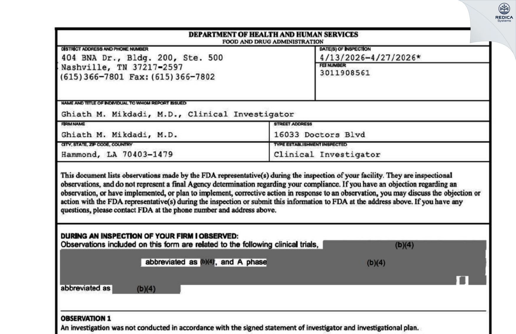 FDA 483 - Ghiath M. Mikdadi, M.D. [Hammond / United States of America] - Download PDF - Redica Systems