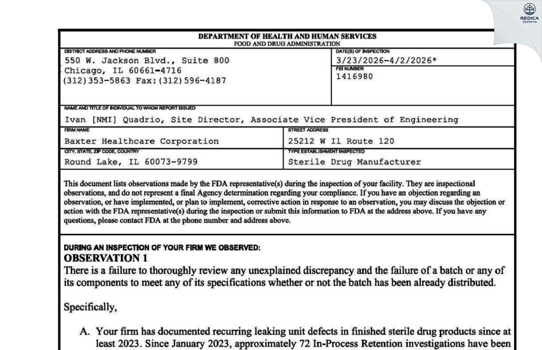 FDA 483 - Baxter Healthcare Corporation [Round Lake / United States of America] - Download PDF - Redica Systems