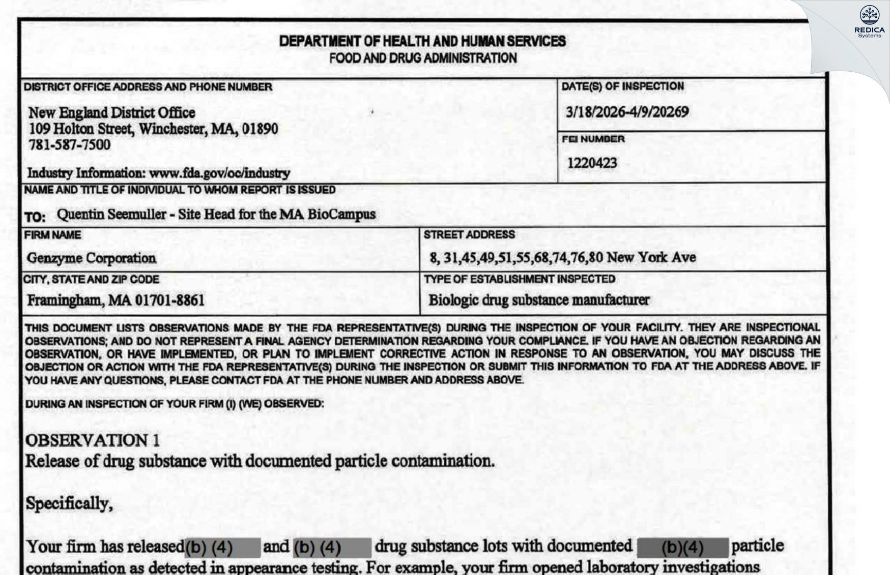 FDA 483 - Genzyme Corporation [Framingham / United States of America] - Download PDF - Redica Systems