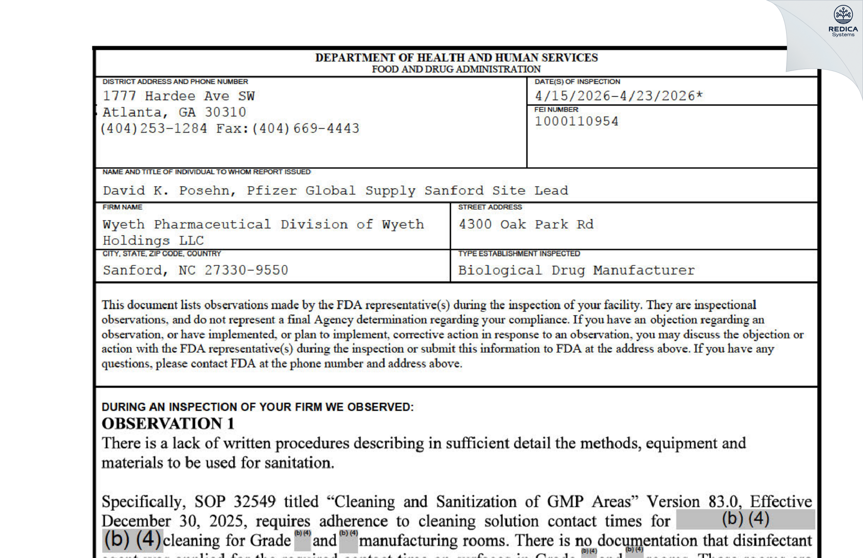 FDA 483 - Wyeth Pharmaceutical Division of Wyeth Holdings LLC [Sanford / United States of America] - Download PDF - Redica Systems