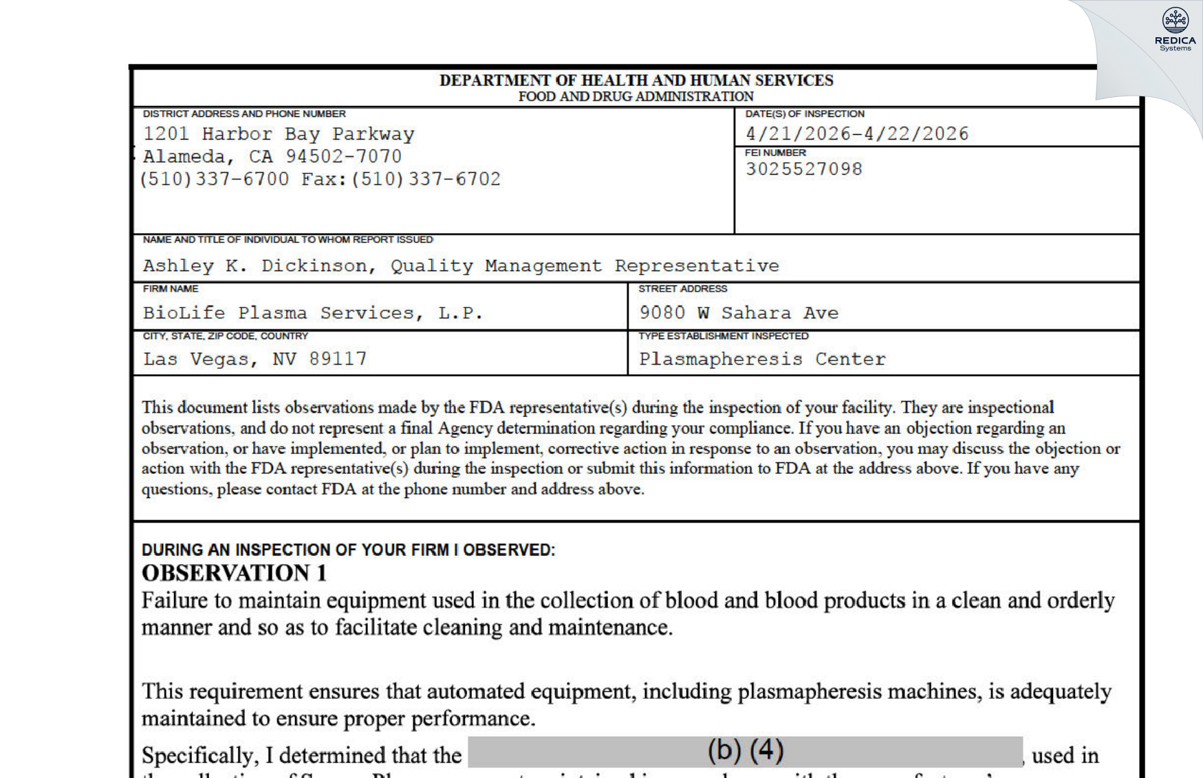FDA 483 - BioLife Plasma Services [Las Vegas / United States of America] - Download PDF - Redica Systems