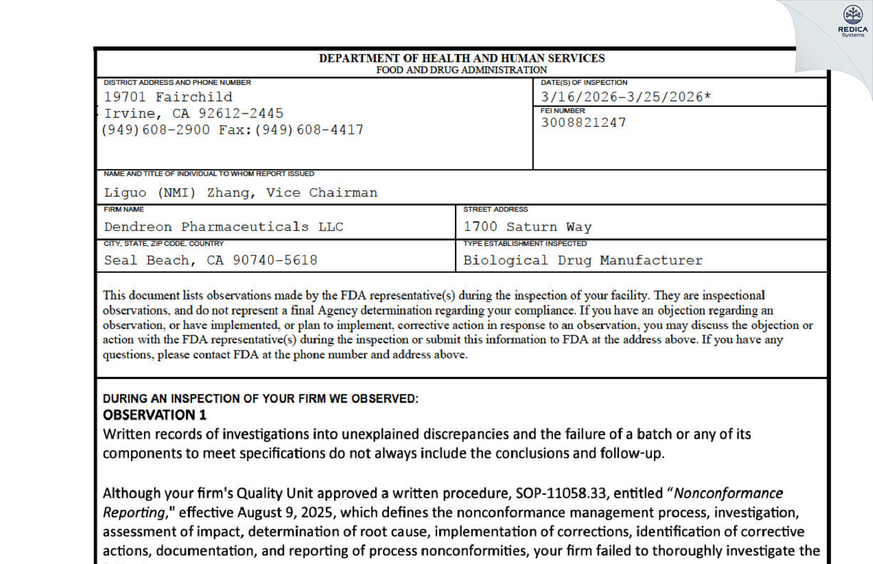 FDA 483 - Dendreon Pharmaceuticals LLC [Seal Beach / United States of America] - Download PDF - Redica Systems
