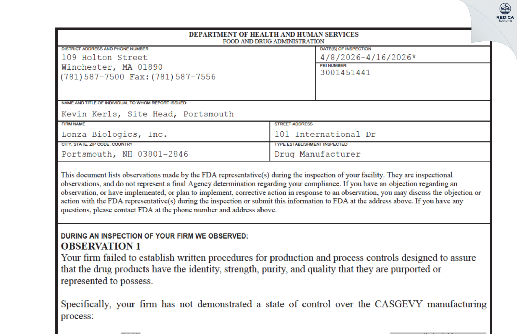 FDA 483 - Lonza Biologics, Inc. [Portsmouth / United States of America] - Download PDF - Redica Systems