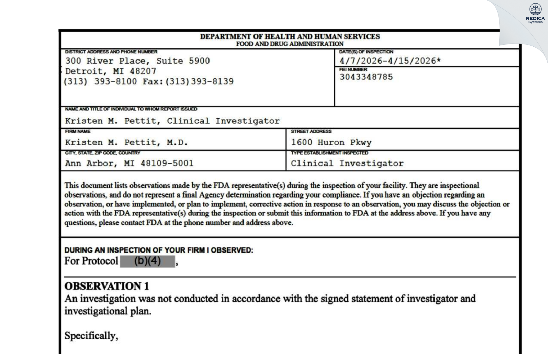 FDA 483 - Kristen M. Pettit, M.D. [Ann Arbor / United States of America] - Download PDF - Redica Systems