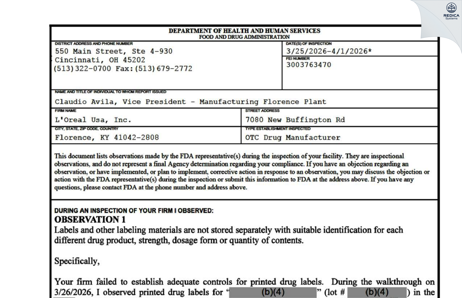 FDA 483 - L'OREAL USA, INC. [Florence / United States of America] - Download PDF - Redica Systems