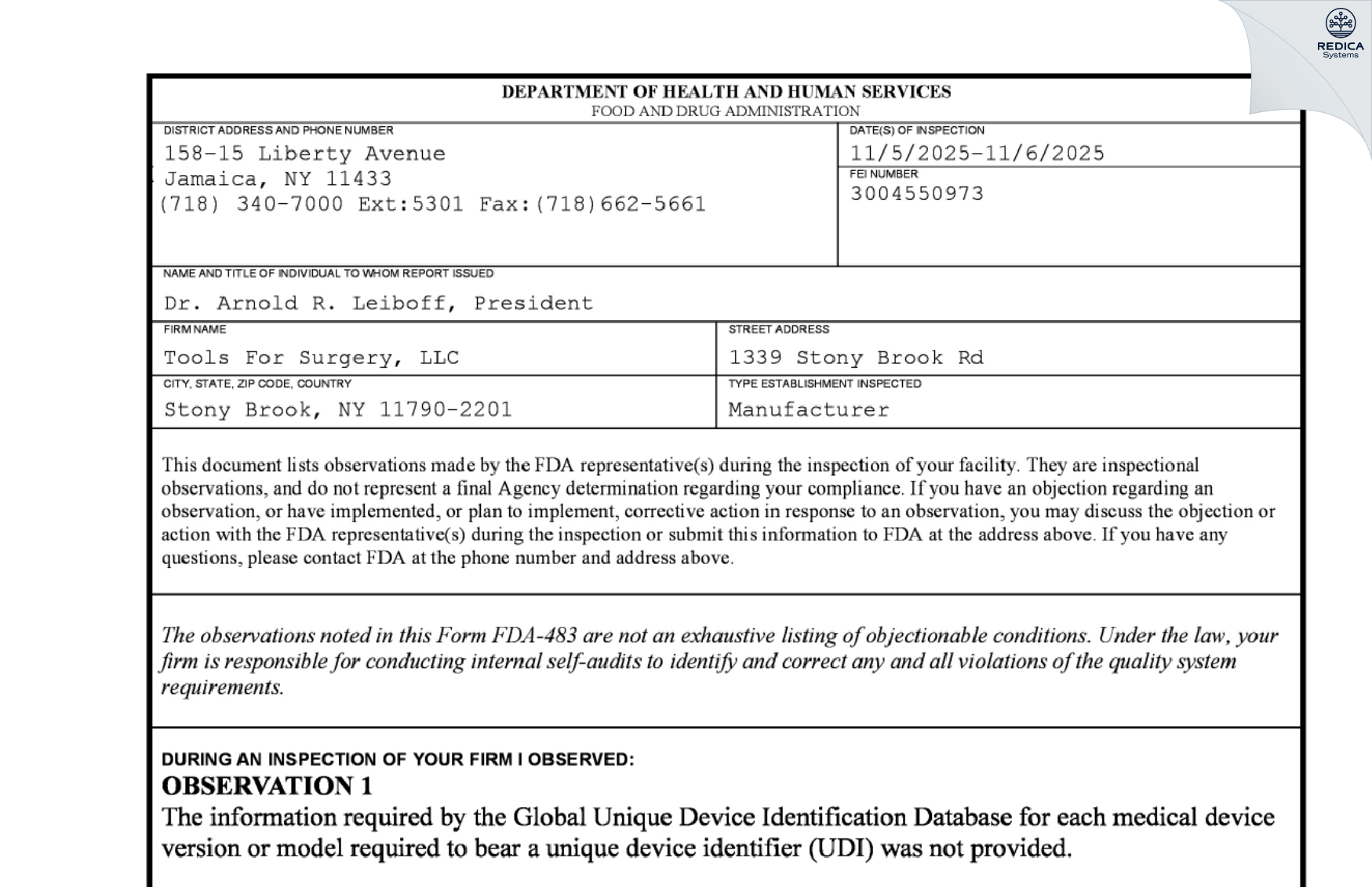 FDA 483 - Tools For Surgery, LLC [Stony Brook / United States of America] - Download PDF - Redica Systems