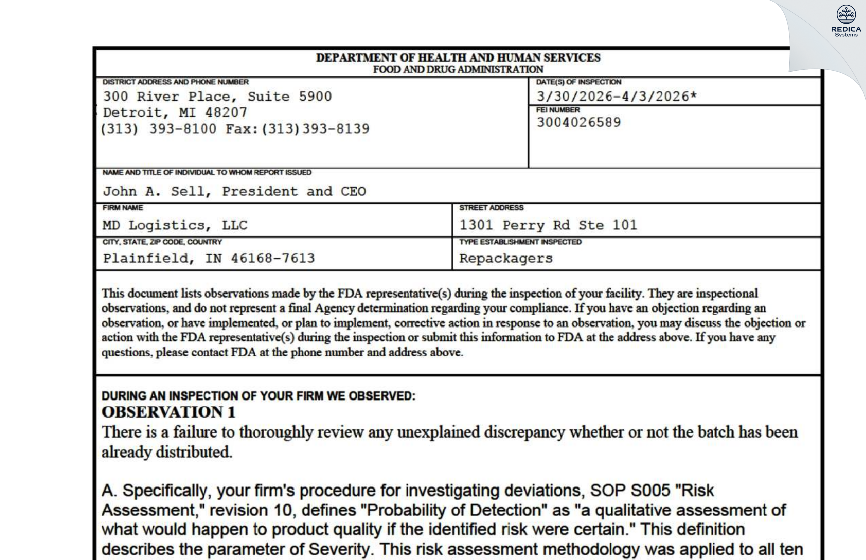 FDA 483 - MD Logistics, LLC [Plainfield / United States of America] - Download PDF - Redica Systems