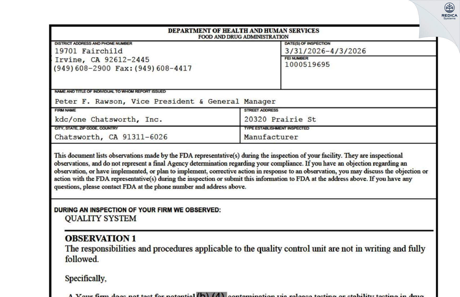 FDA 483 - kdc/one Chatsworth, Inc [Chatsworth / United States of America] - Download PDF - Redica Systems