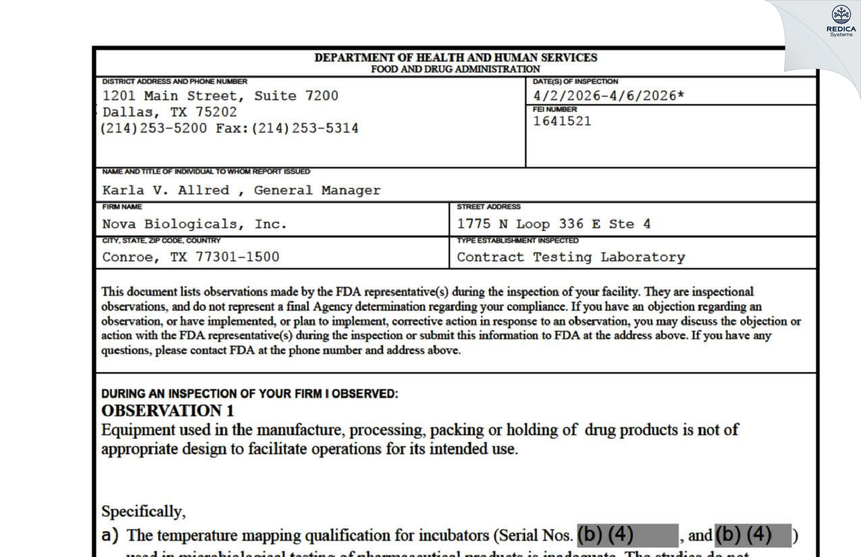 FDA 483 - Nova Biologicals, Inc. [Conroe / United States of America] - Download PDF - Redica Systems