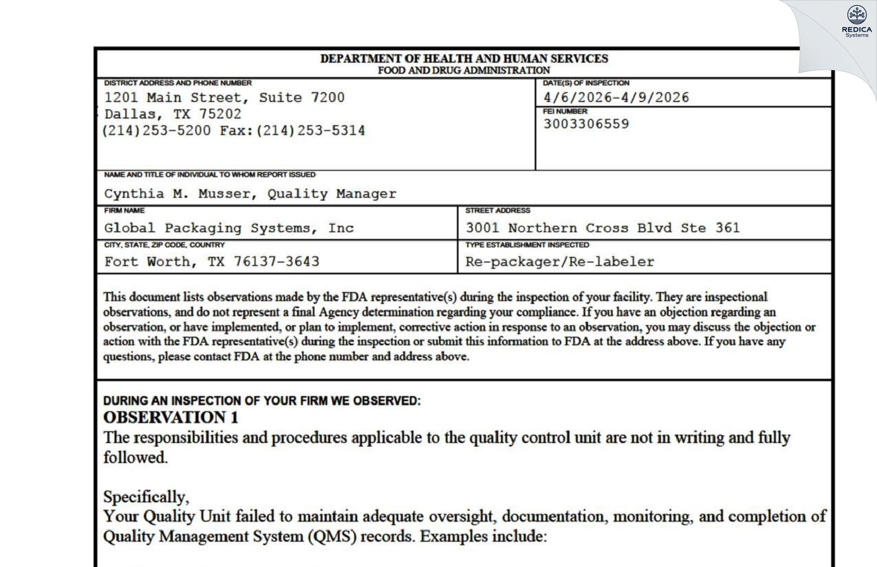 FDA 483 - Global Packaging Systems [Fort Worth / United States of America] - Download PDF - Redica Systems