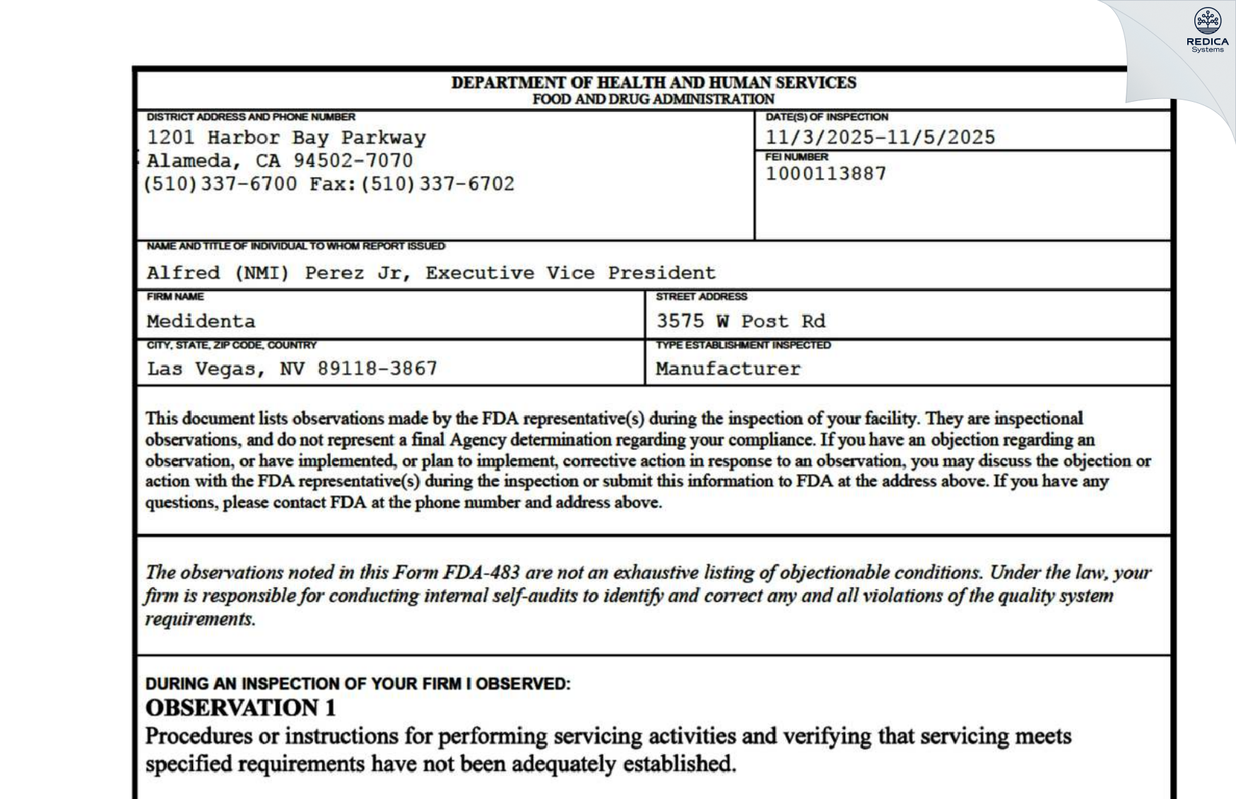 FDA 483 - South East Instruments Corp. [Gainesville / United States of America] - Download PDF - Redica Systems