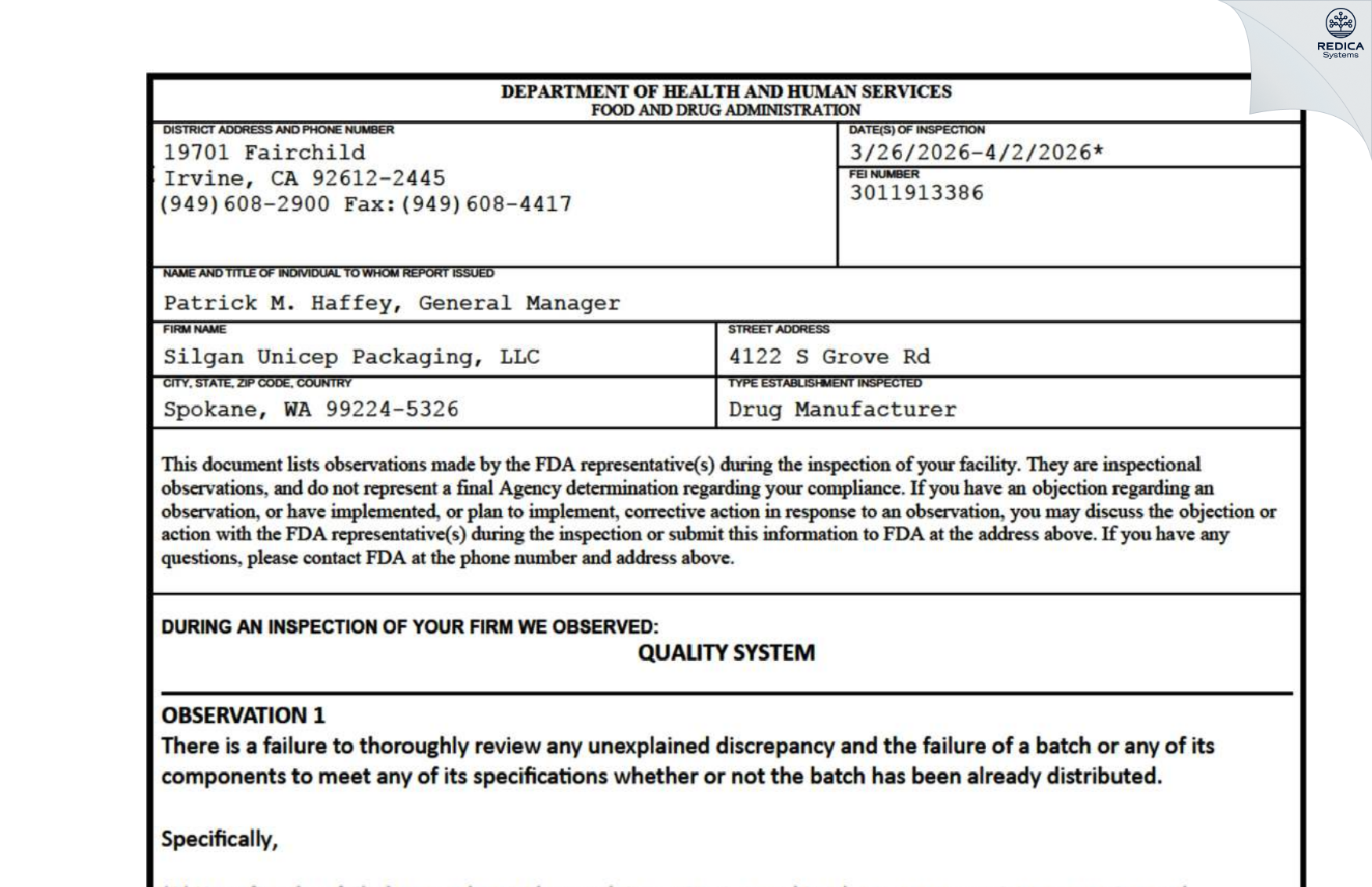 FDA 483 - Silgan Unicep Packaging, LLC. [Spokane / United States of America] - Download PDF - Redica Systems