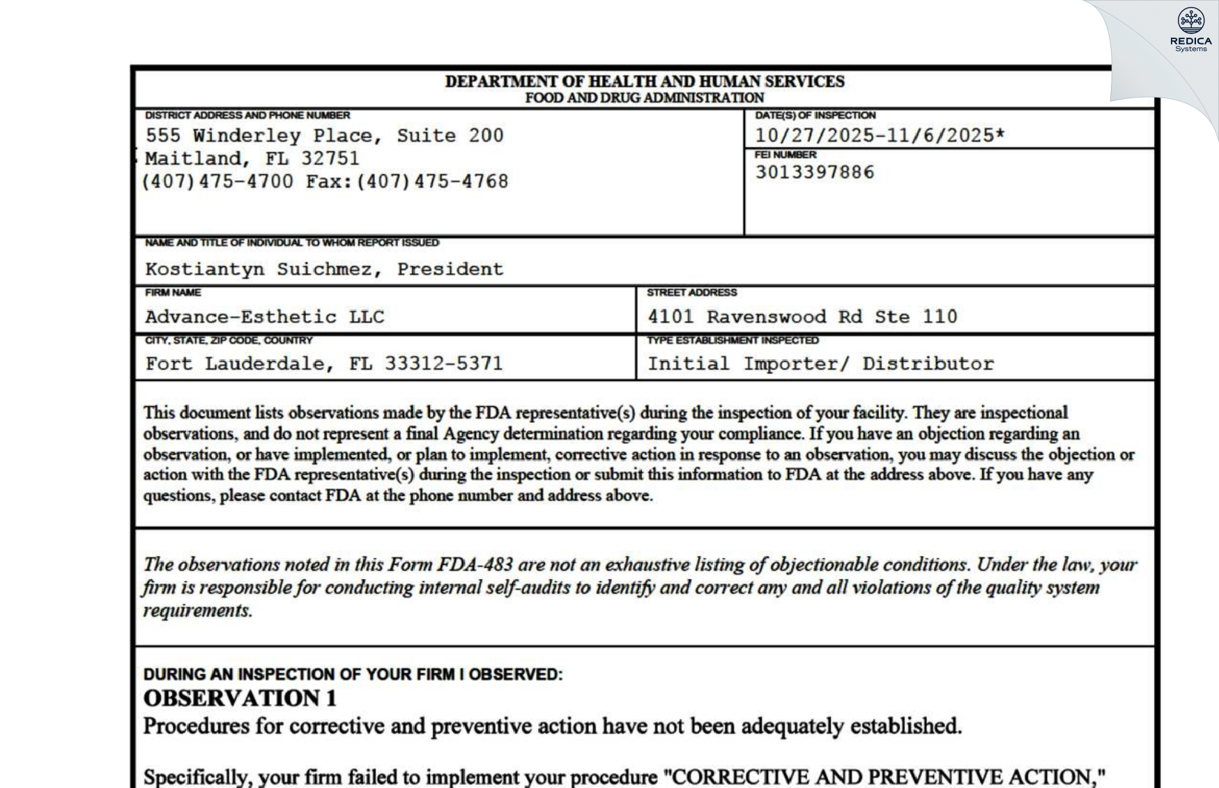 FDA 483 - Advance-Esthetic LLC [Fort Lauderdale / United States of America] - Download PDF - Redica Systems