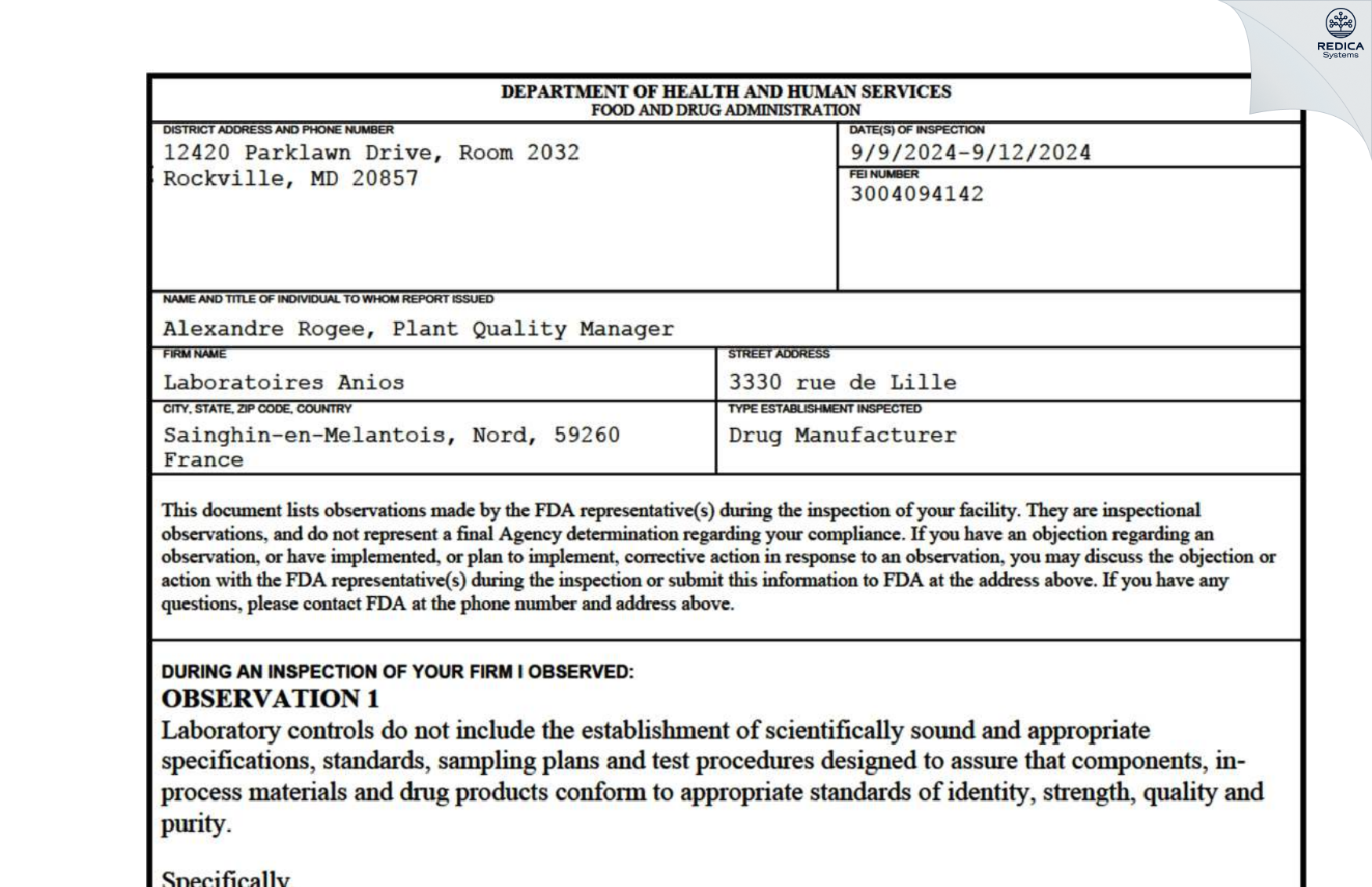 FDA 483 - LABORATOIRES ANIOS [Lezennes / France] - Download PDF - Redica Systems
