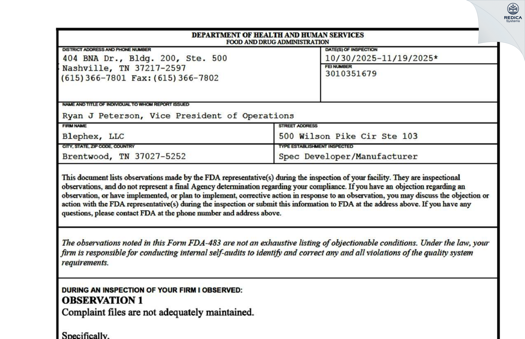 FDA 483 - Blephex, LLC [Franklin / United States of America] - Download PDF - Redica Systems