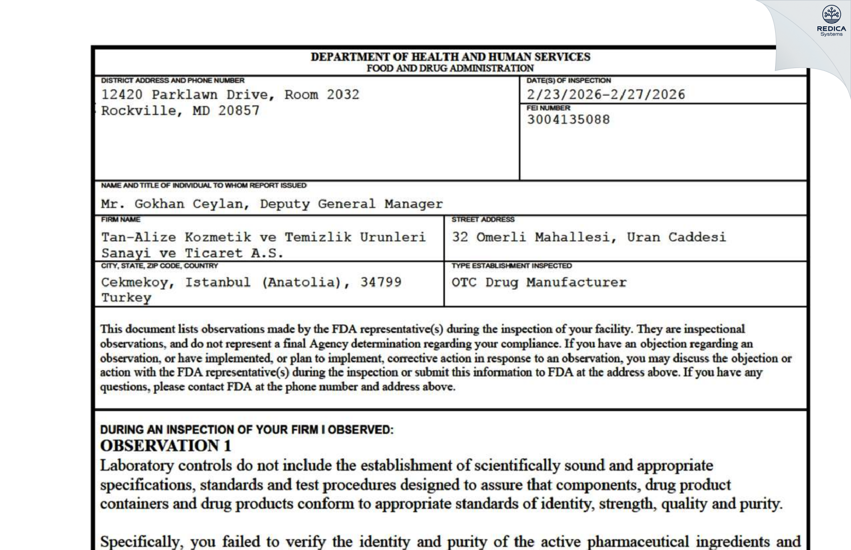 FDA 483 - TAN ALIZE KOZMETIK VE TEMIZLIK URUNLERI SANAYI VE TICARET ANONIM SIRKETI [Ömerli / Turkey] - Download PDF - Redica Systems