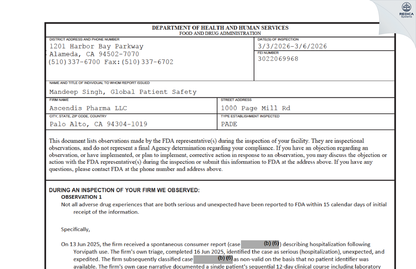 FDA 483 - Ascendis Pharma LLC [Palo Alto / United States of America] - Download PDF - Redica Systems