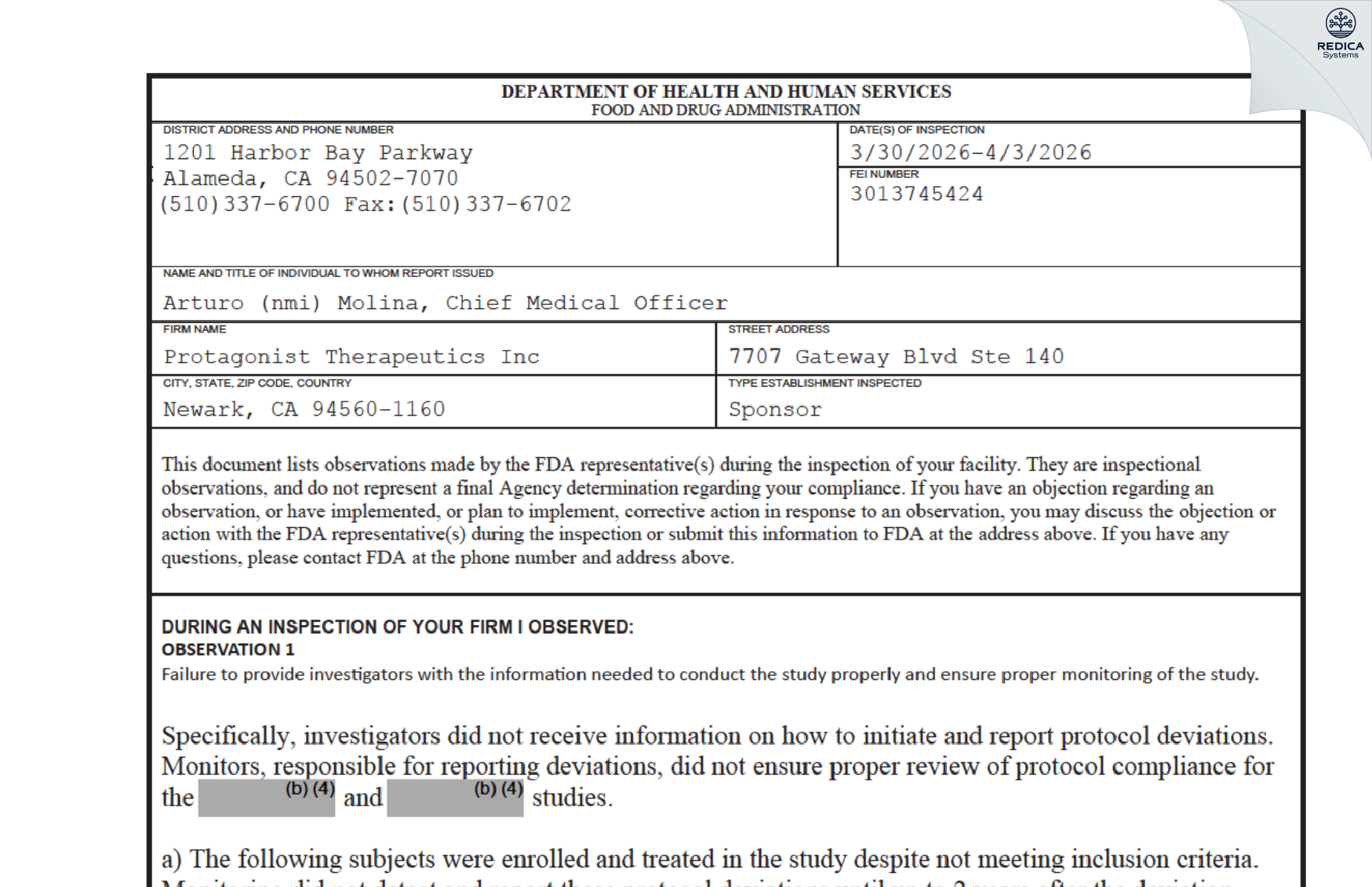 FDA 483 - Protagonist Therapeutics Inc [Newark / United States of America] - Download PDF - Redica Systems
