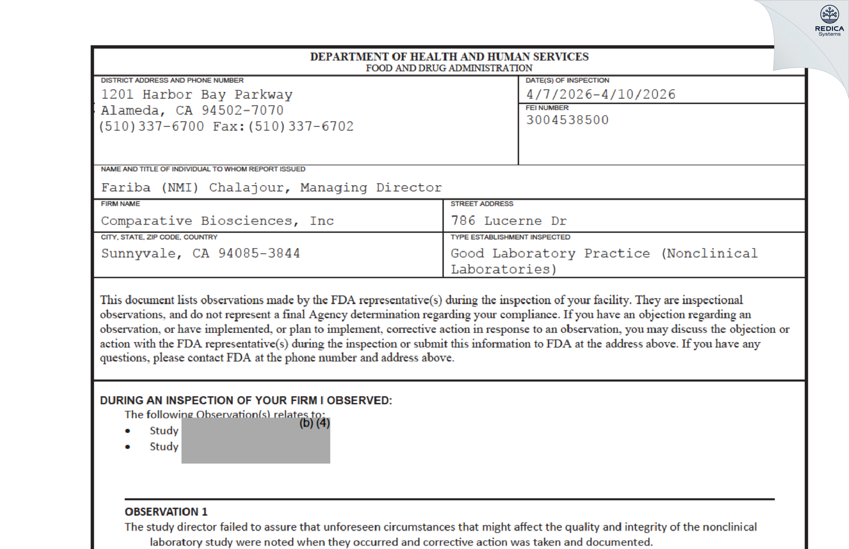 FDA 483 - Comparative Biosciences, Inc [Sunnyvale / United States of America] - Download PDF - Redica Systems