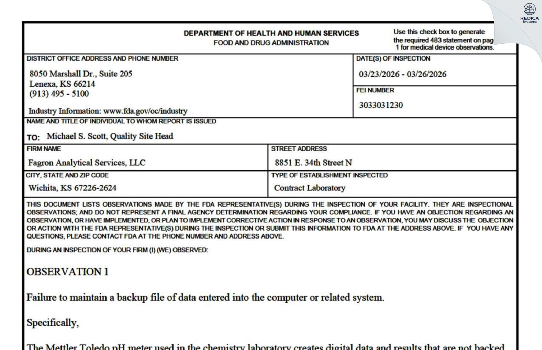 FDA 483 - Fagron Analytical Services [Wichita / United States of America] - Download PDF - Redica Systems