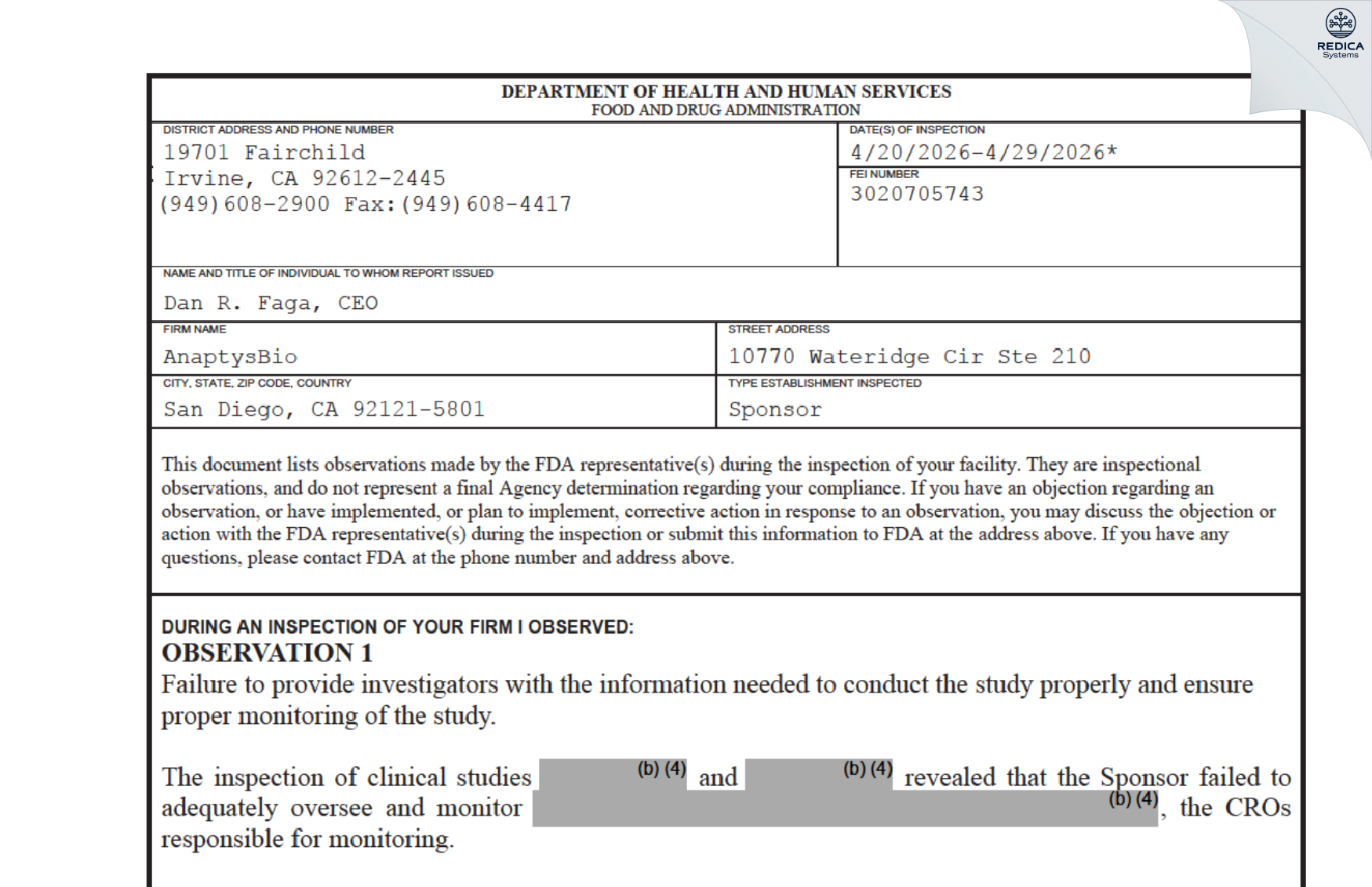 FDA 483 - AnaptysBio [San Diego / United States of America] - Download PDF - Redica Systems