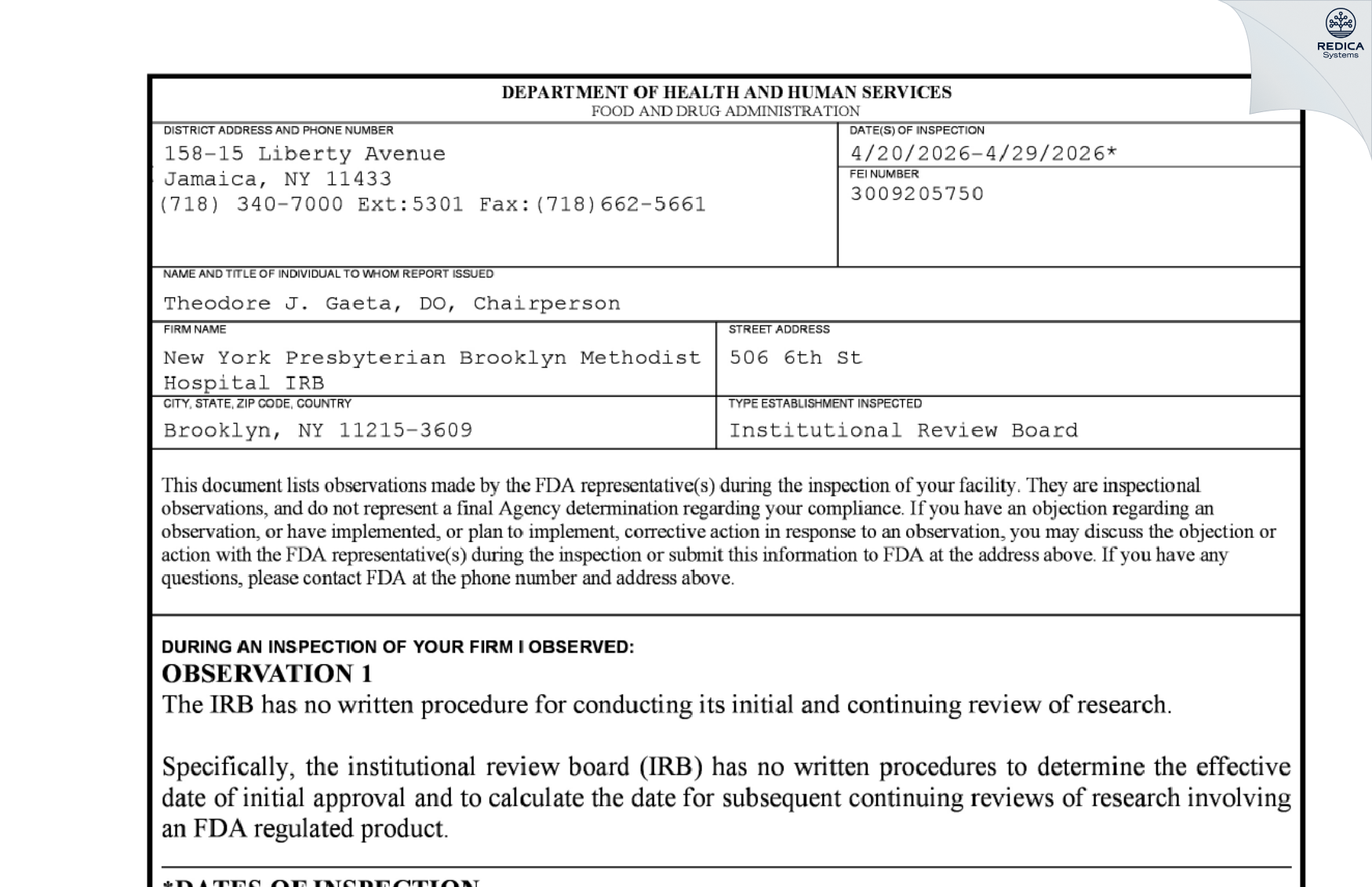 FDA 483 - New York Methodist Hospital IRB [Brooklyn / United States of America] - Download PDF - Redica Systems