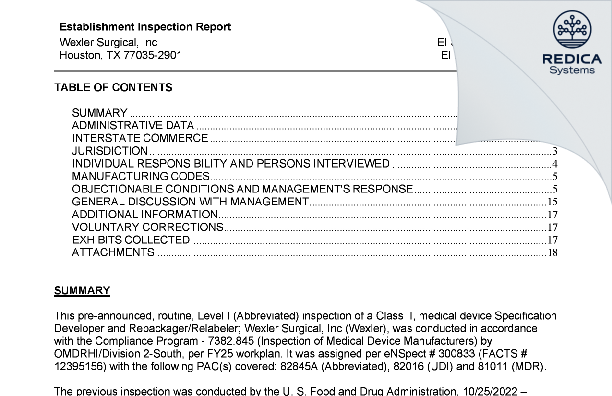 EIR - Wexler Surgical, Inc. [Houston / United States of America] - Download PDF - Redica Systems