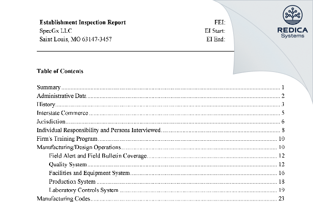 EIR - SpecGx LLC [Saint Louis / United States of America] - Download PDF - Redica Systems