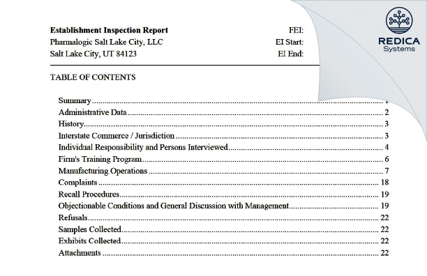 EIR - Pharmalogic Salt Lake City, LLC [Salt Lake City / United States of America] - Download PDF - Redica Systems