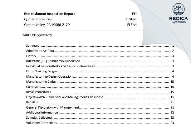 EIR - Quotient Sciences - Philadelphia, LLC [Garnet Valley / United States of America] - Download PDF - Redica Systems