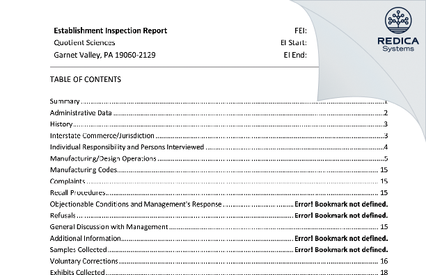 EIR - Quotient Sciences - Philadelphia, LLC [Garnet Valley / United States of America] - Download PDF - Redica Systems