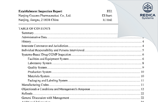 EIR - Nanjing Cuccess Pharmaceutical Co., Ltd. [Nanjing / China] - Download PDF - Redica Systems