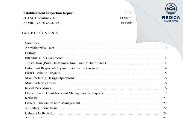 EIR - PETNET SOLUTIONS, INC. [Atlanta / United States of America] - Download PDF - Redica Systems