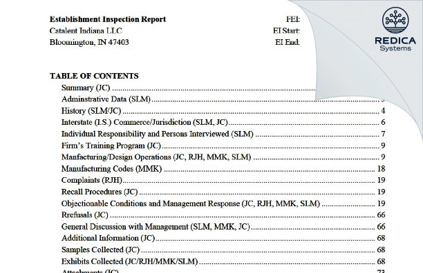 EIR - Catalent Indiana, LLC [Bloomington / United States of America] - Download PDF - Redica Systems