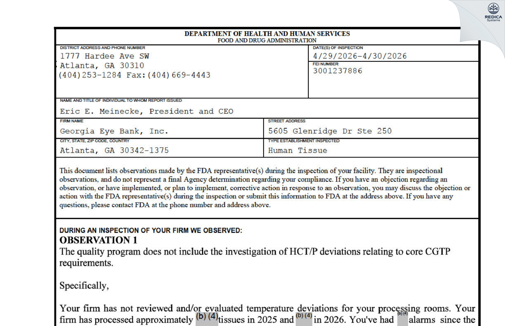 FDA 483 - Georgia Eye Bank, Inc. [Atlanta / United States of America] - Download PDF - Redica Systems
