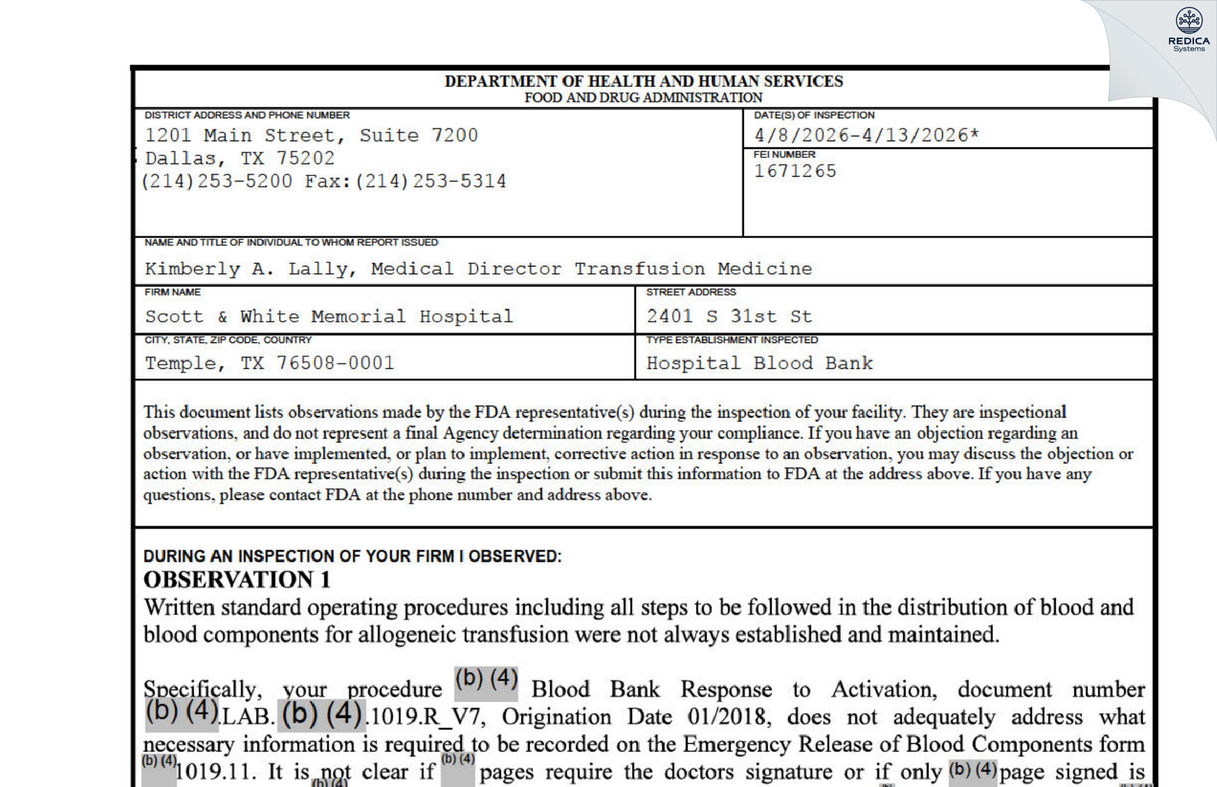 FDA 483 - Scott & White Memorial Hospital [Temple / United States of America] - Download PDF - Redica Systems