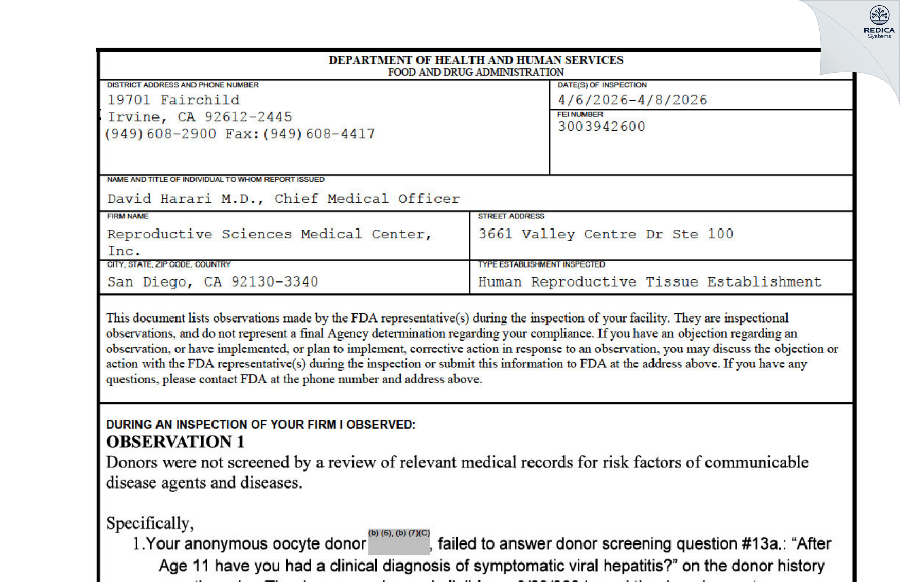 FDA 483 - Reproductive Sciences Medical Center, Inc. [San Diego / United States of America] - Download PDF - Redica Systems