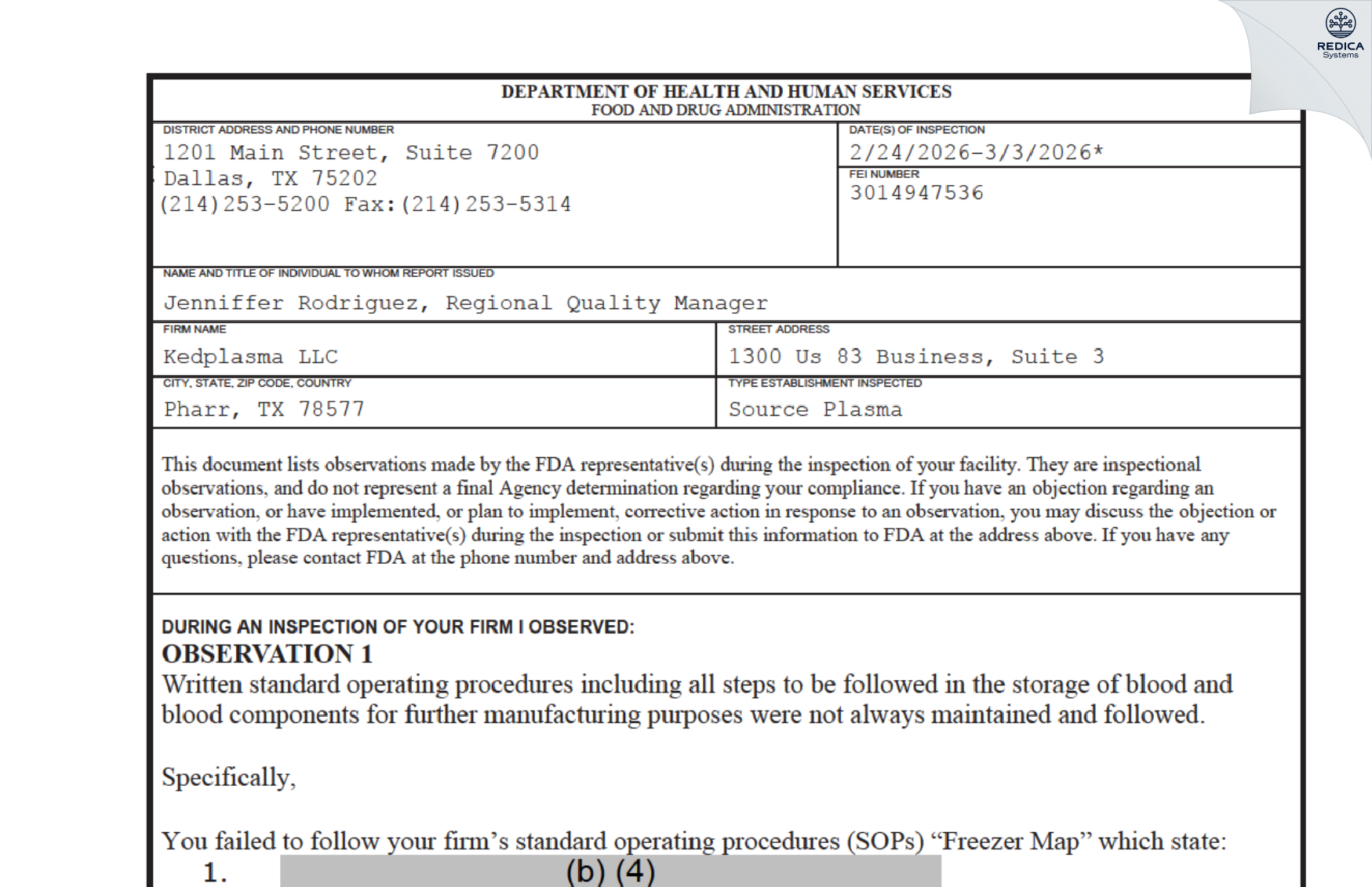 FDA 483 - BPL Plasma Inc [Pharr / United States of America] - Download PDF - Redica Systems