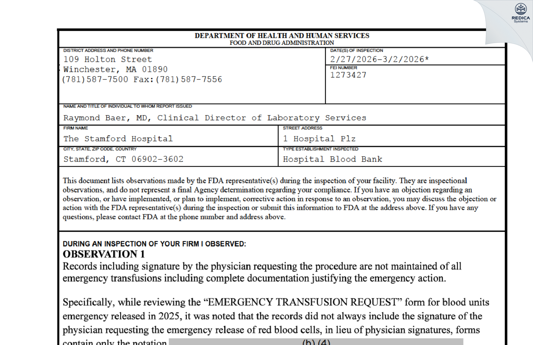 FDA 483 - The Stamford Hospital [Stamford / United States of America] - Download PDF - Redica Systems