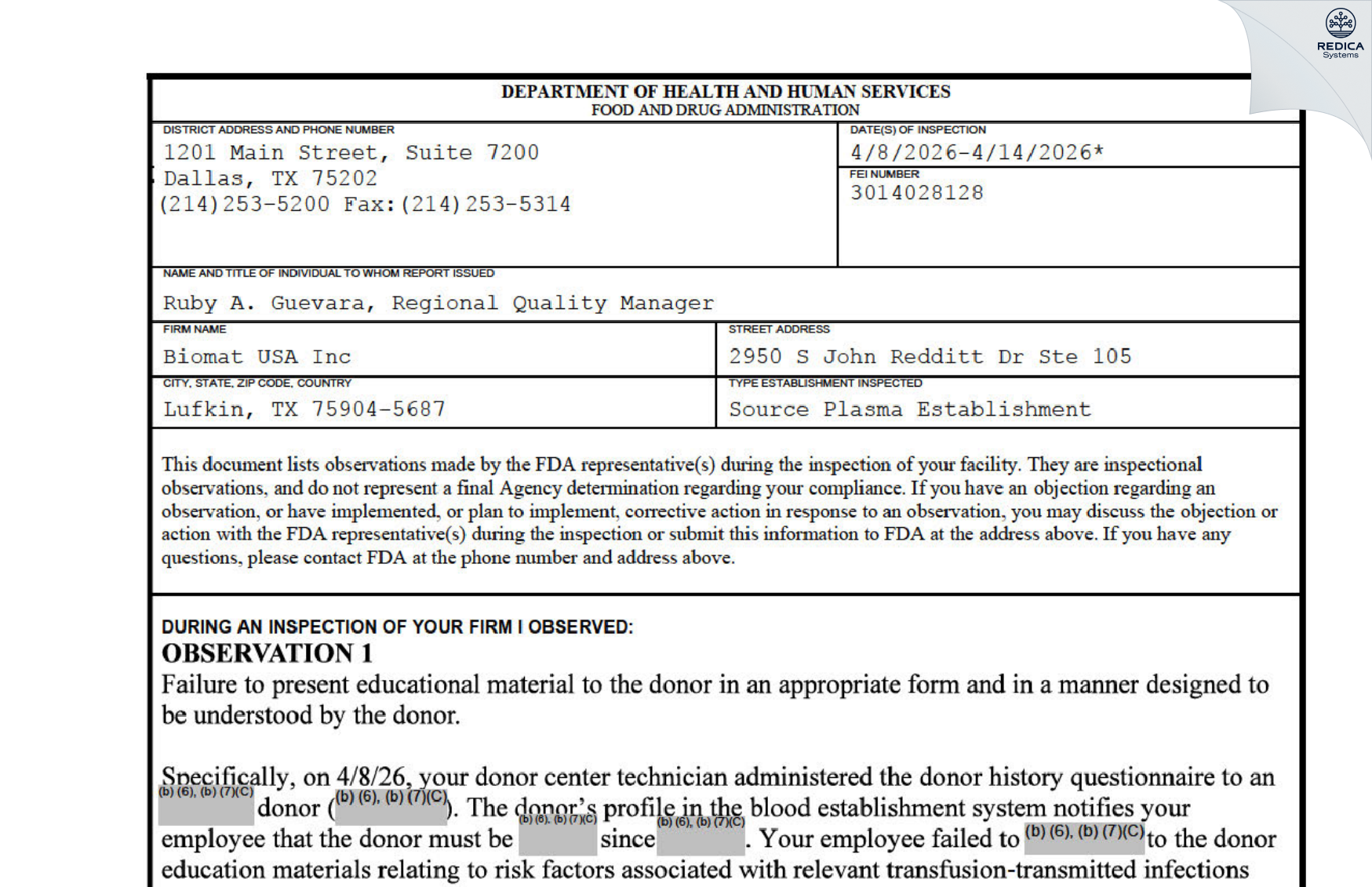 FDA 483 - BPL Plasma Inc [Lufkin / United States of America] - Download PDF - Redica Systems