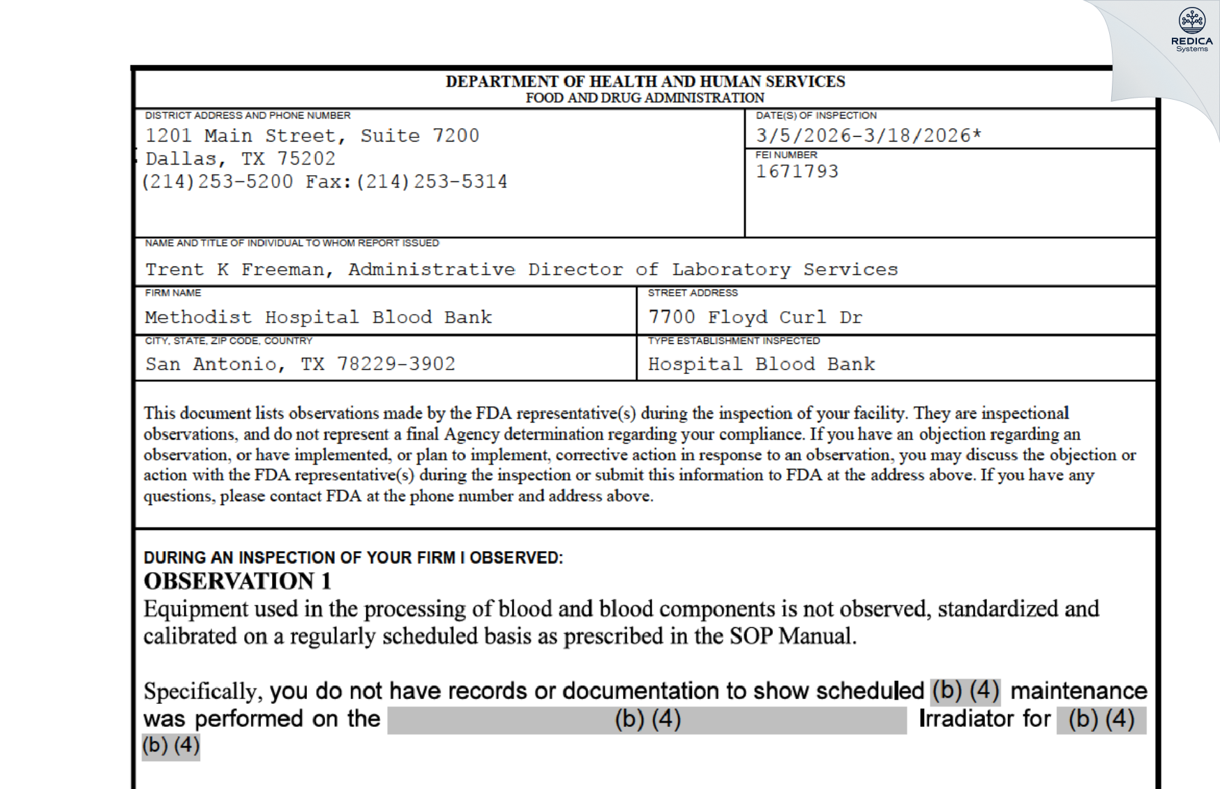 FDA 483 - Methodist Hospital Blood Bank [San Antonio / United States of America] - Download PDF - Redica Systems
