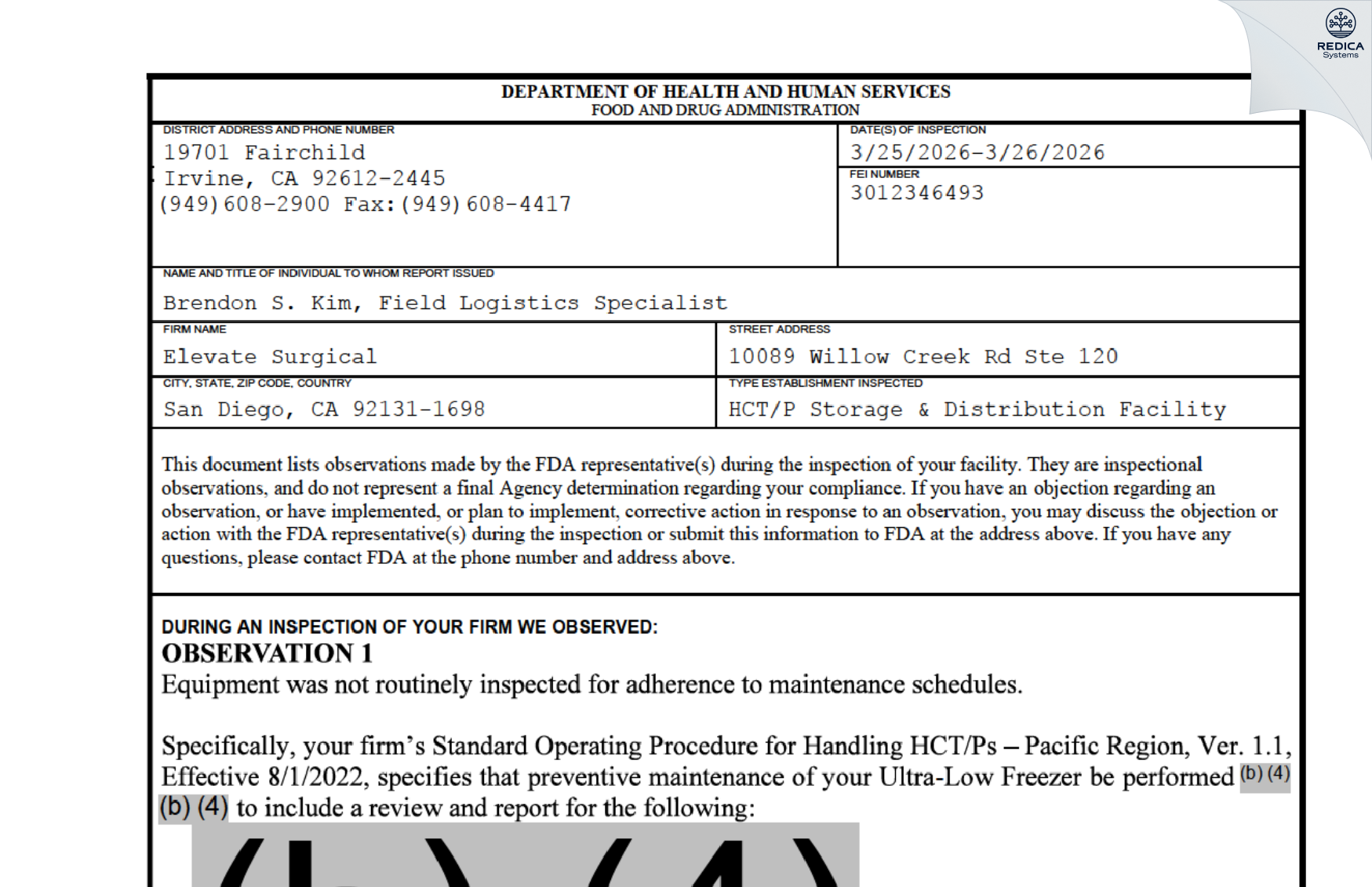 FDA 483 - Elevate Surgical [San Diego / United States of America] - Download PDF - Redica Systems