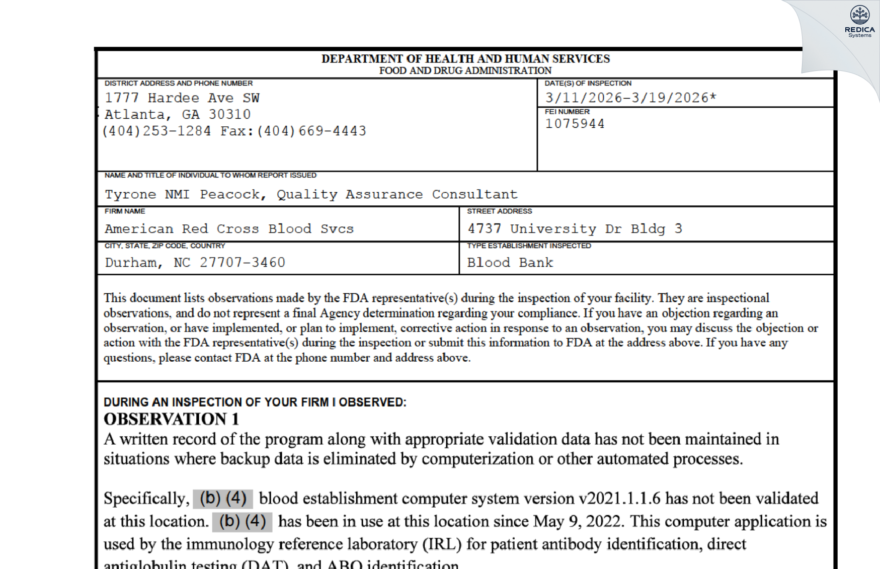 FDA 483 - American Red Cross Blood Svcs [Durham / United States of America] - Download PDF - Redica Systems