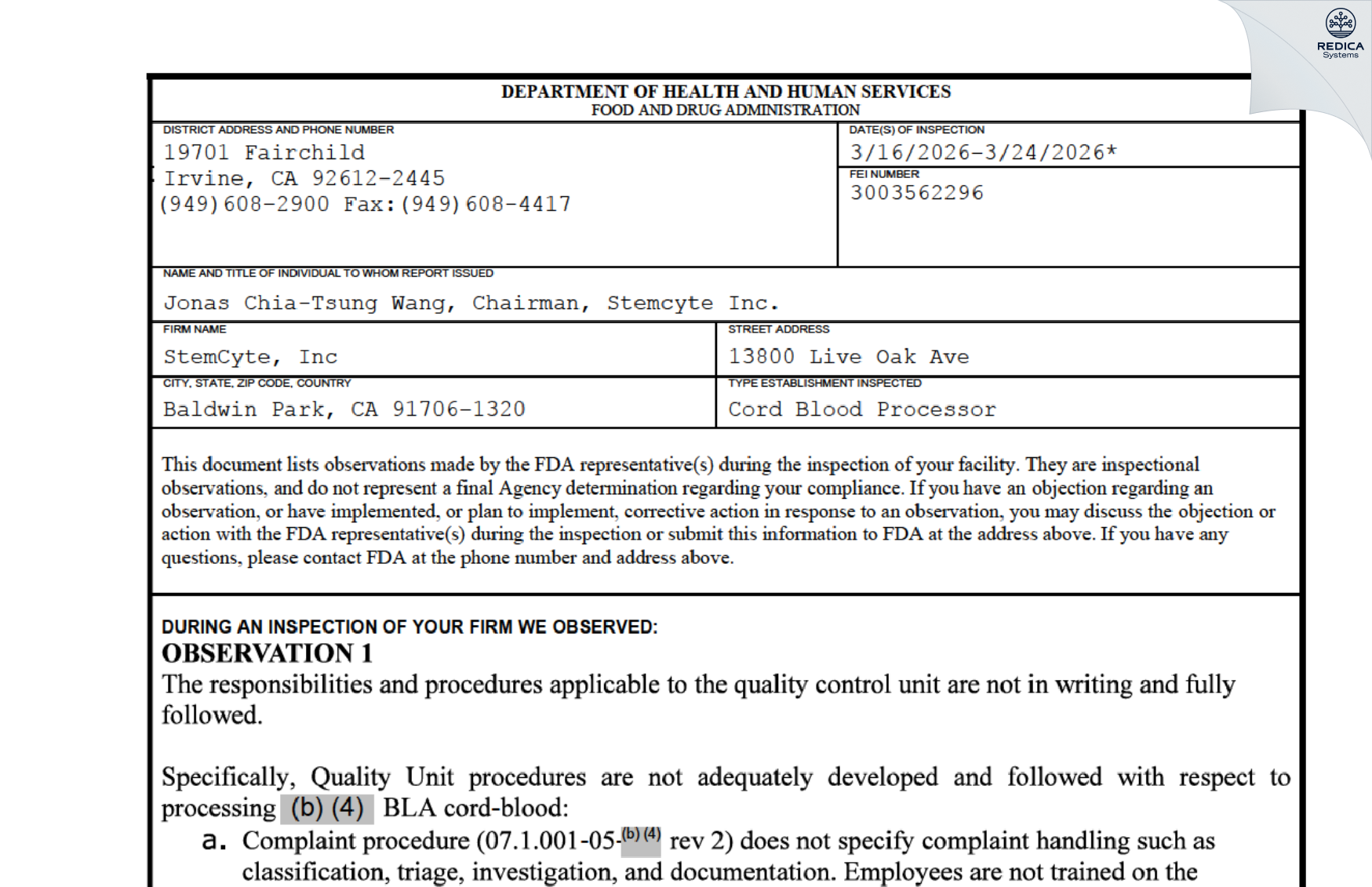 FDA 483 - StemCyte, Inc [Baldwin Park / United States of America] - Download PDF - Redica Systems
