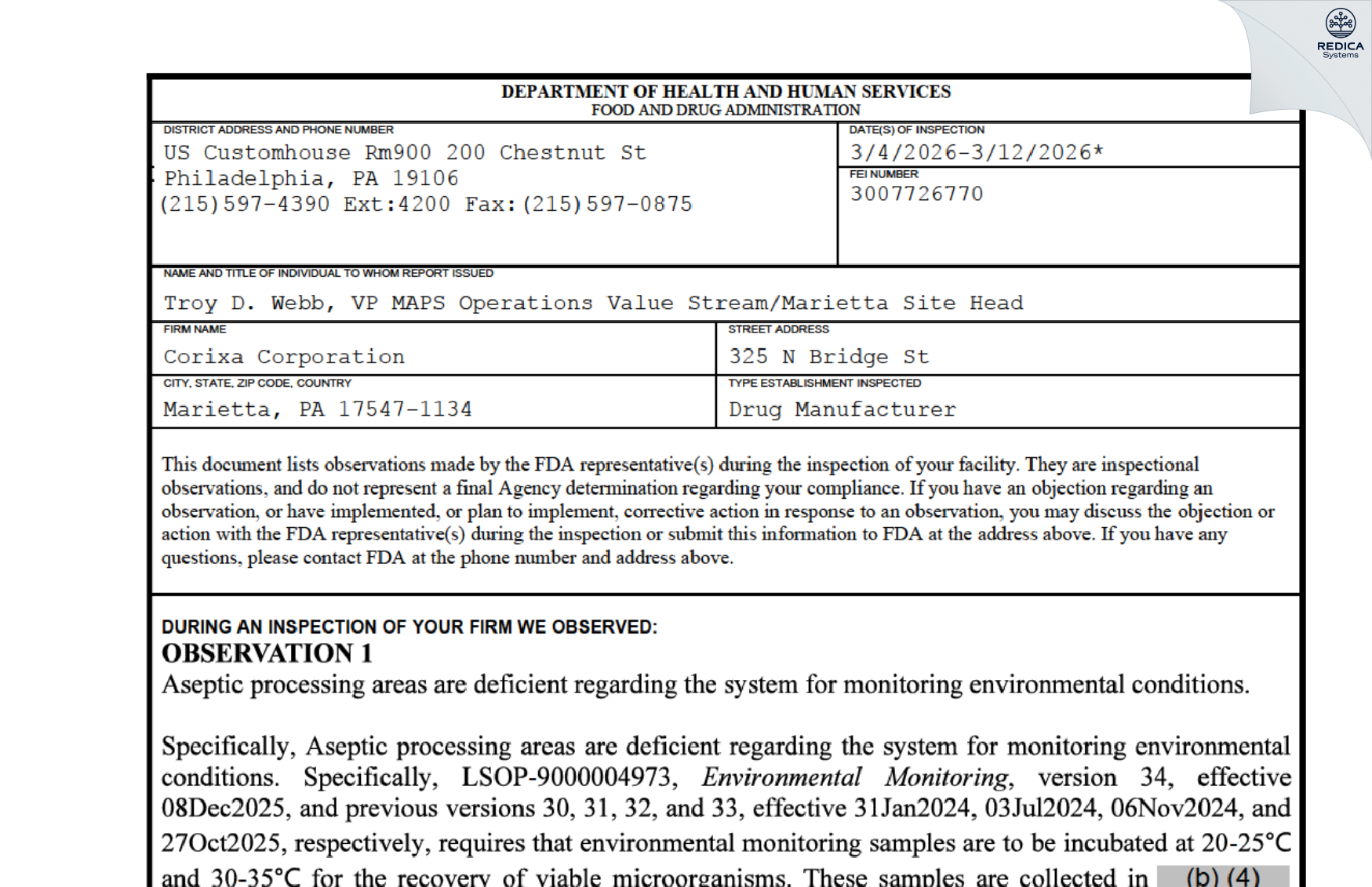 FDA 483 - Corixa Corporation [Marietta / United States of America] - Download PDF - Redica Systems