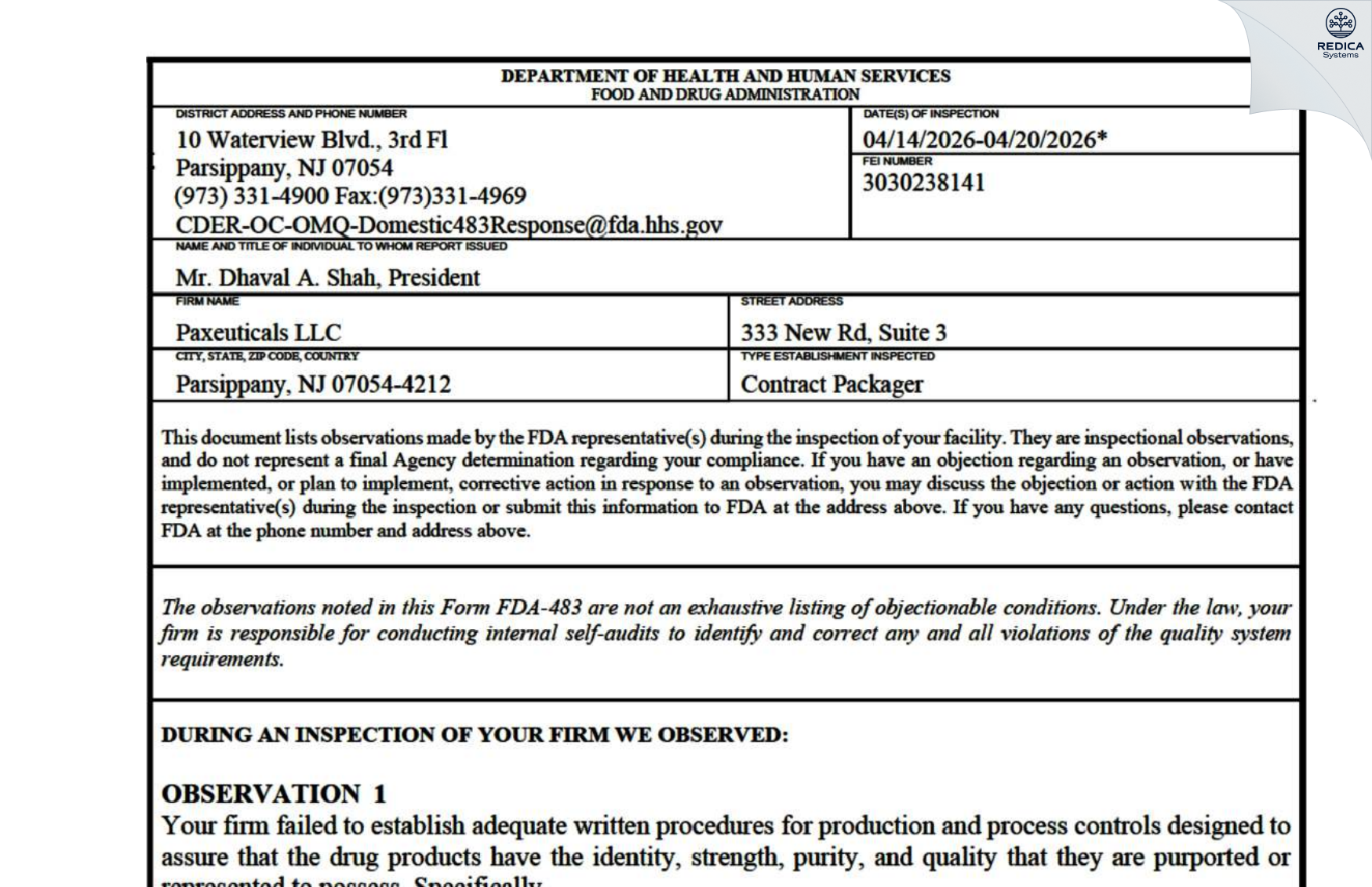 FDA 483 - Paxeuticals [Parsippany / United States of America] - Download PDF - Redica Systems