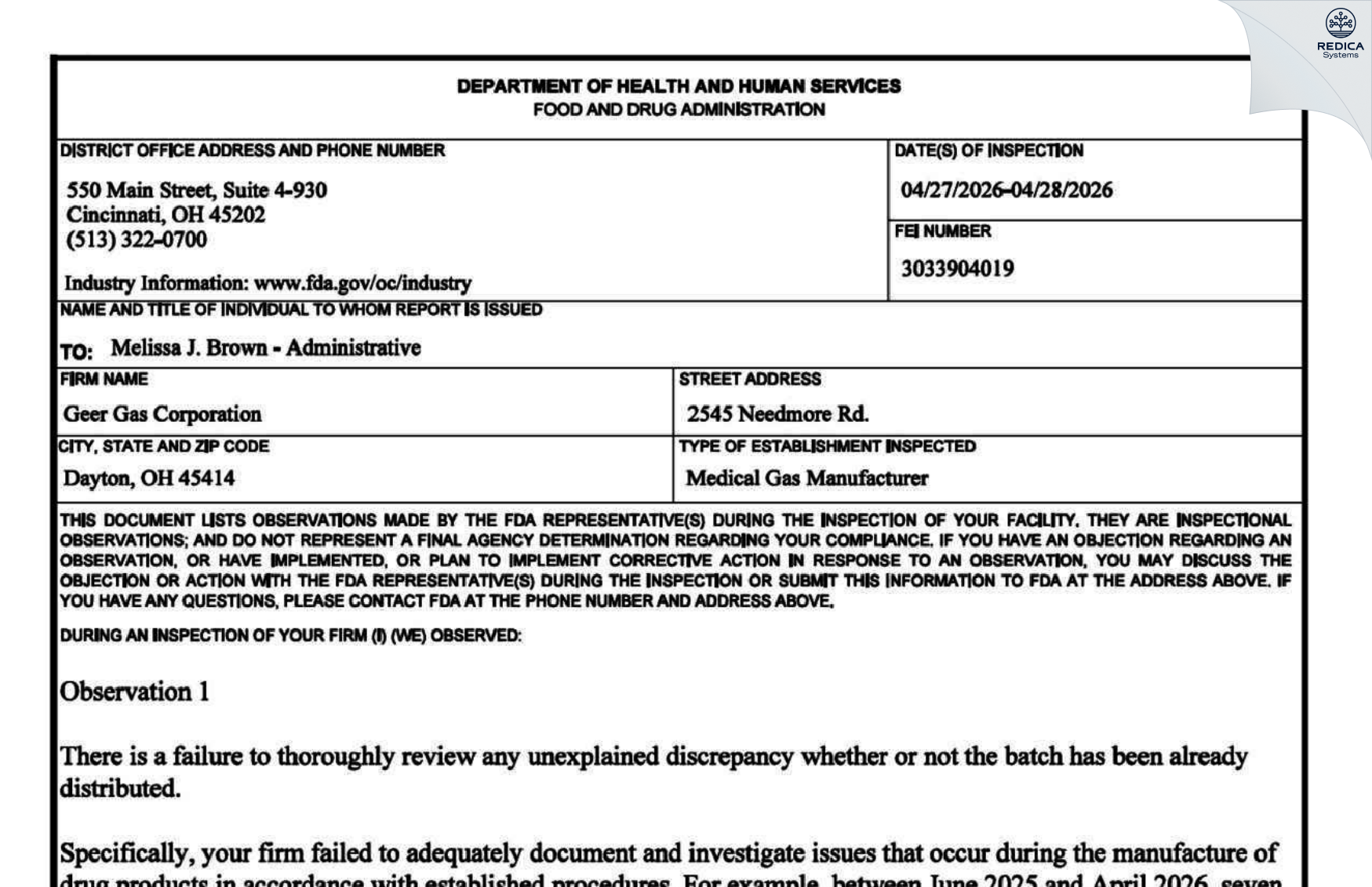FDA 483 - Geer Gas Corporation [Dayton / United States of America] - Download PDF - Redica Systems