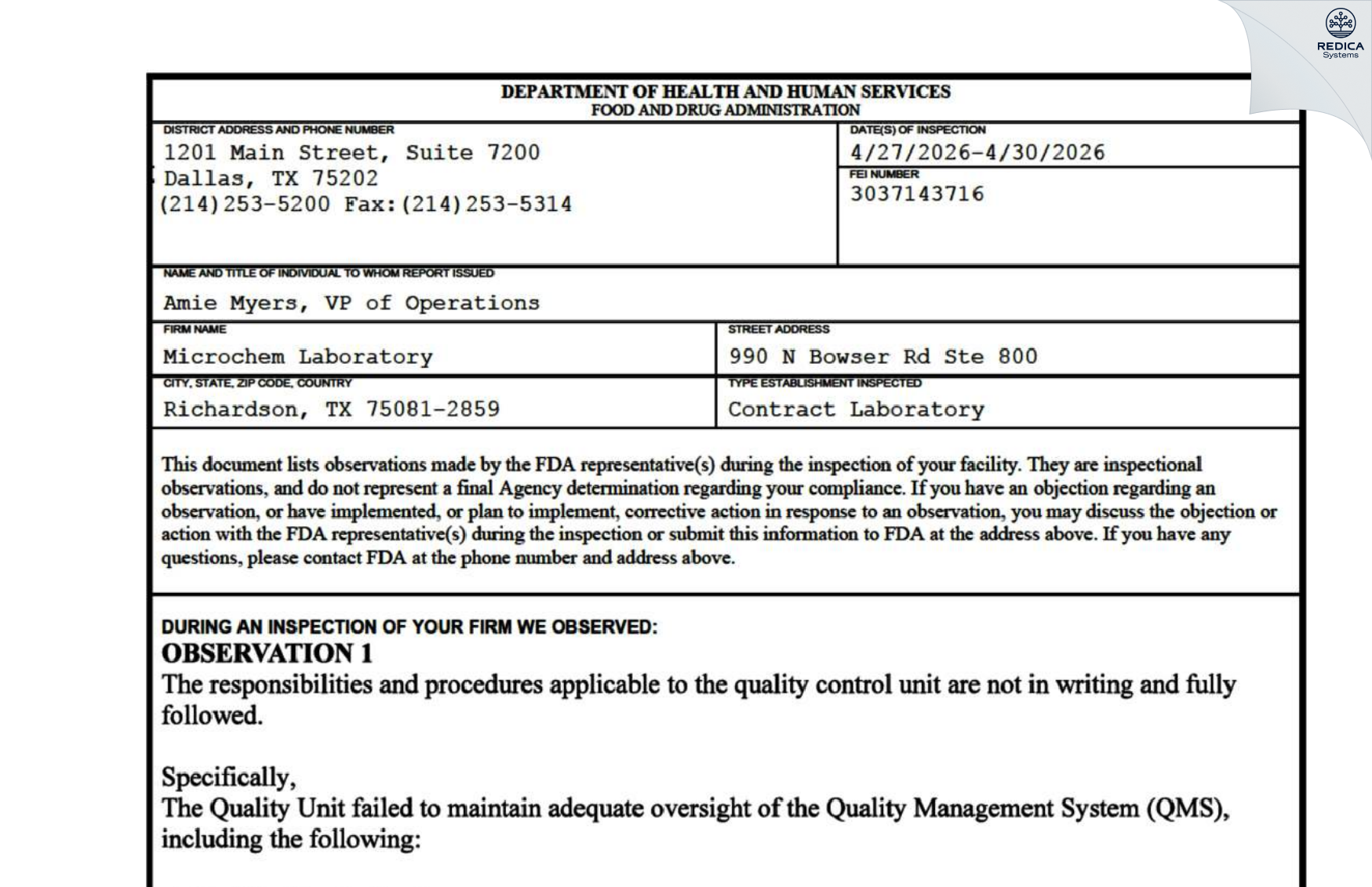 FDA 483 - Microchem Laboratory [Richardson / United States of America] - Download PDF - Redica Systems
