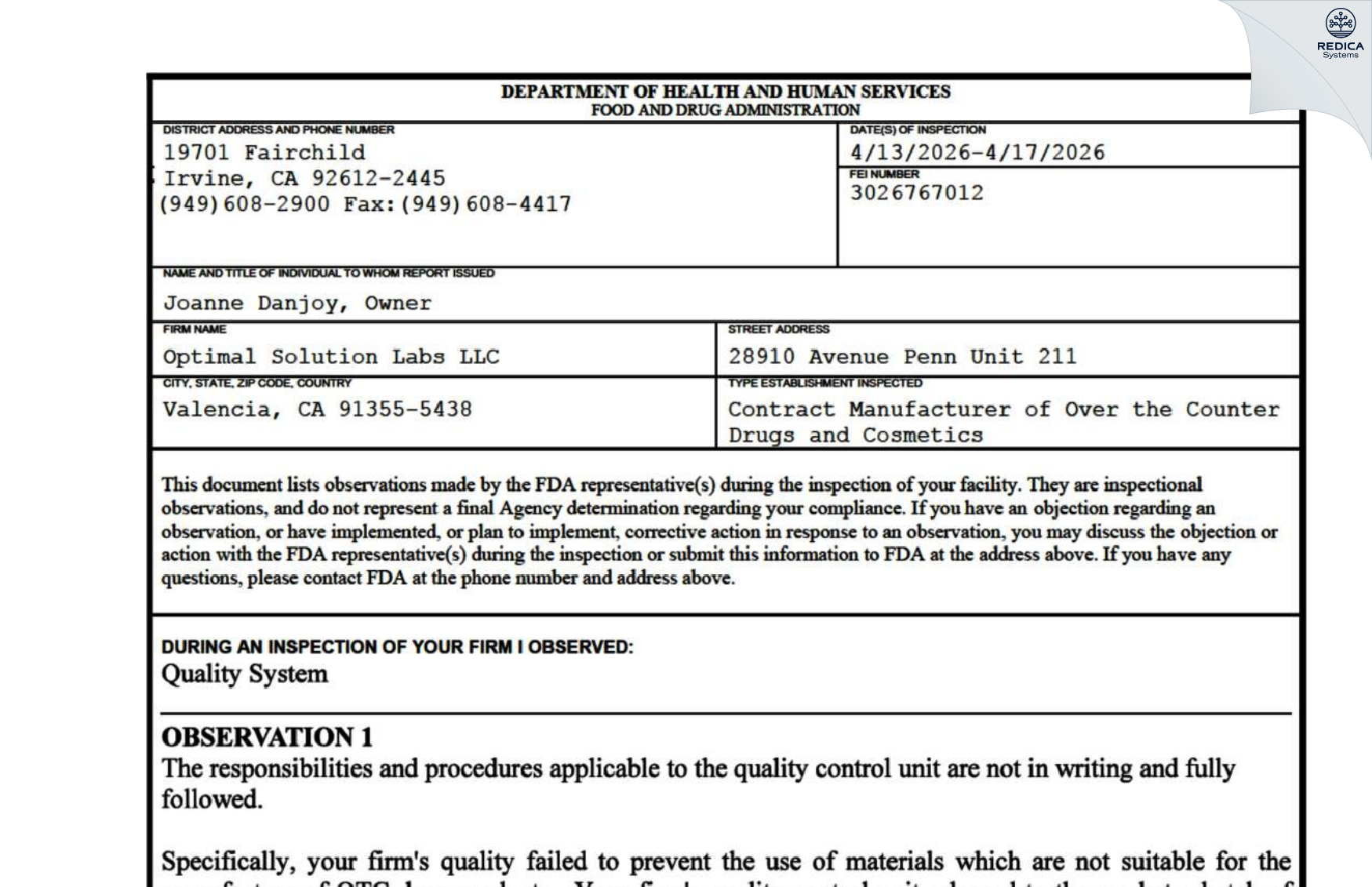 FDA 483 - Optimal Solution Labs LLC [Canyon Country / United States of America] - Download PDF - Redica Systems
